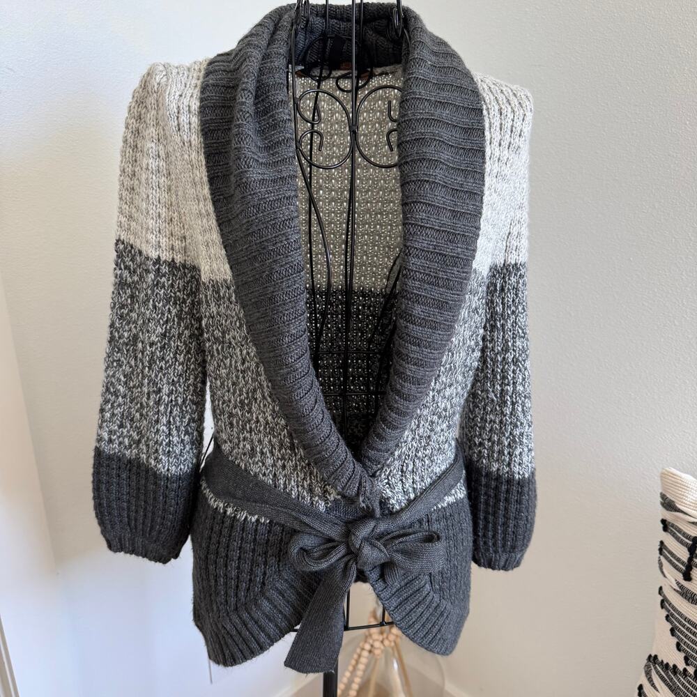 BCBGMAXAZRIA Gray Striped Tie-Waist Shawl Collar Cardigan Sweater- Small